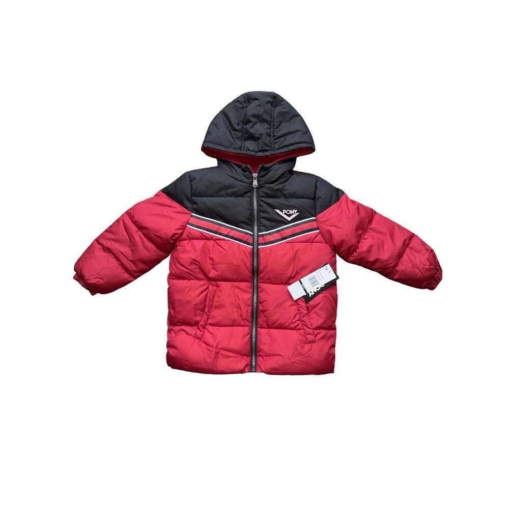 Pony Boys Sz 4T Red White Black Hooded Puffer Coat. New